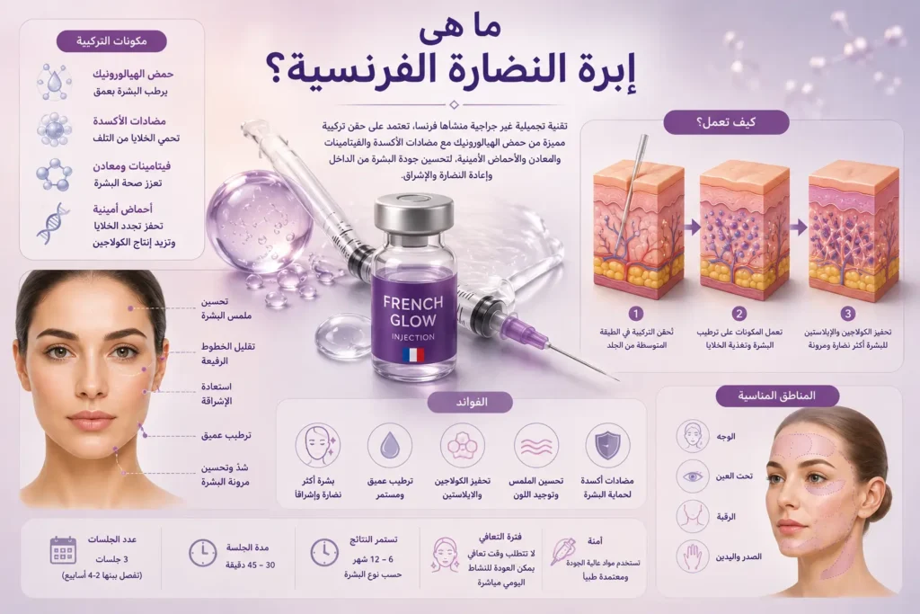 رسم توضيحي طبي يُظهر حقنة تجميل مع قنينة تحتوي على محلول علاجي، إلى جانب مقاطع توضيحية لطبقات الجلد توضح آلية ترطيب البشرة وتحفيز الكولاجين، مع رسومات للوجه تشير إلى مناطق الحقن الشائعة، في تصميم طبي تعليمي يشرح مفهوم إبرة النضارة الفرنسية، دون وجود نصوص داخل الصورة.