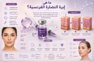 رسم توضيحي طبي يُظهر حقنة تجميل مع قنينة تحتوي على محلول علاجي، إلى جانب مقاطع توضيحية لطبقات الجلد توضح آلية ترطيب البشرة وتحفيز الكولاجين، مع رسومات للوجه تشير إلى مناطق الحقن الشائعة، في تصميم طبي تعليمي يشرح مفهوم إبرة النضارة الفرنسية، دون وجود نصوص داخل الصورة.