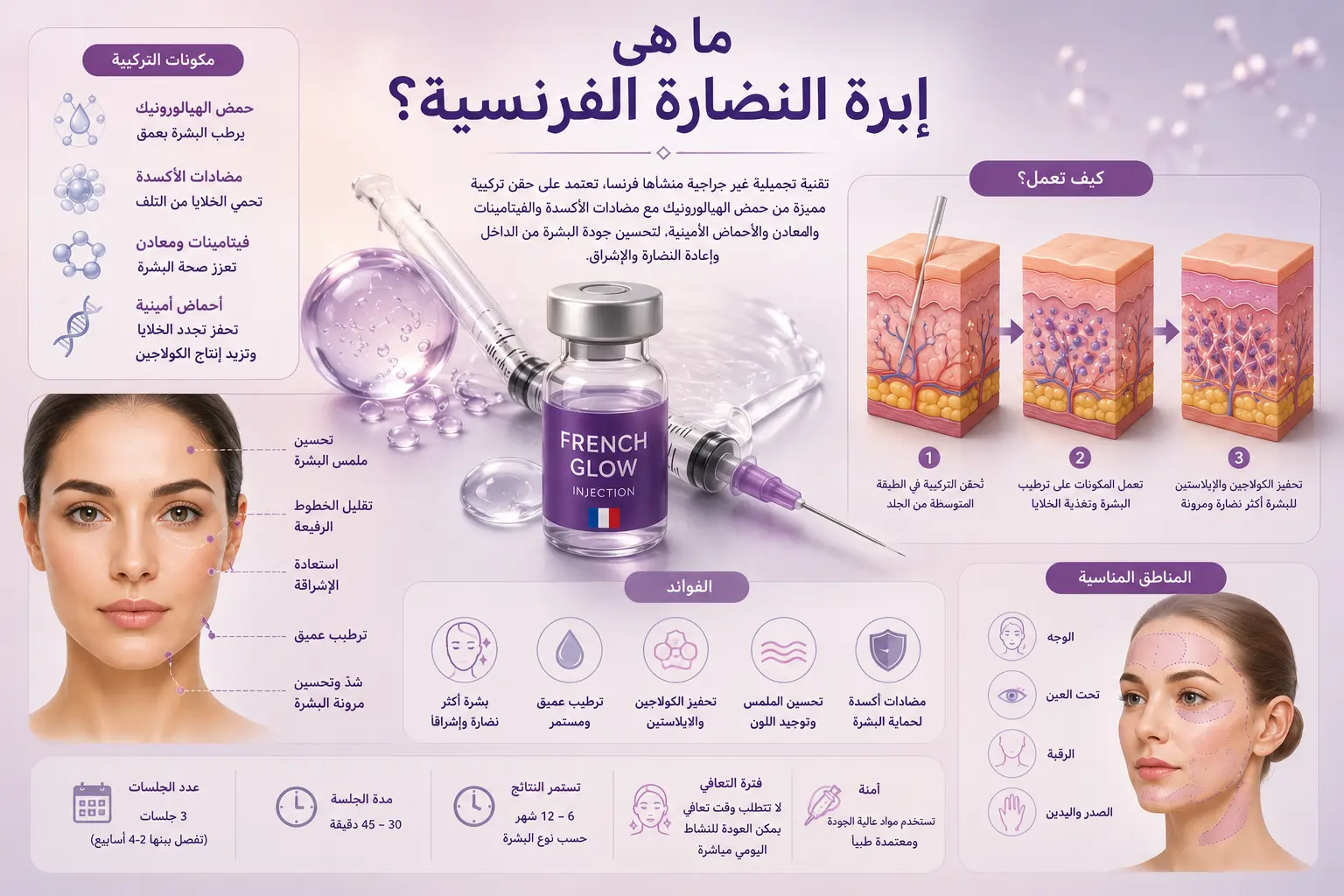 رسم توضيحي طبي يُظهر حقنة تجميل مع قنينة تحتوي على محلول علاجي، إلى جانب مقاطع توضيحية لطبقات الجلد توضح آلية ترطيب البشرة وتحفيز الكولاجين، مع رسومات للوجه تشير إلى مناطق الحقن الشائعة، في تصميم طبي تعليمي يشرح مفهوم إبرة النضارة الفرنسية، دون وجود نصوص داخل الصورة.