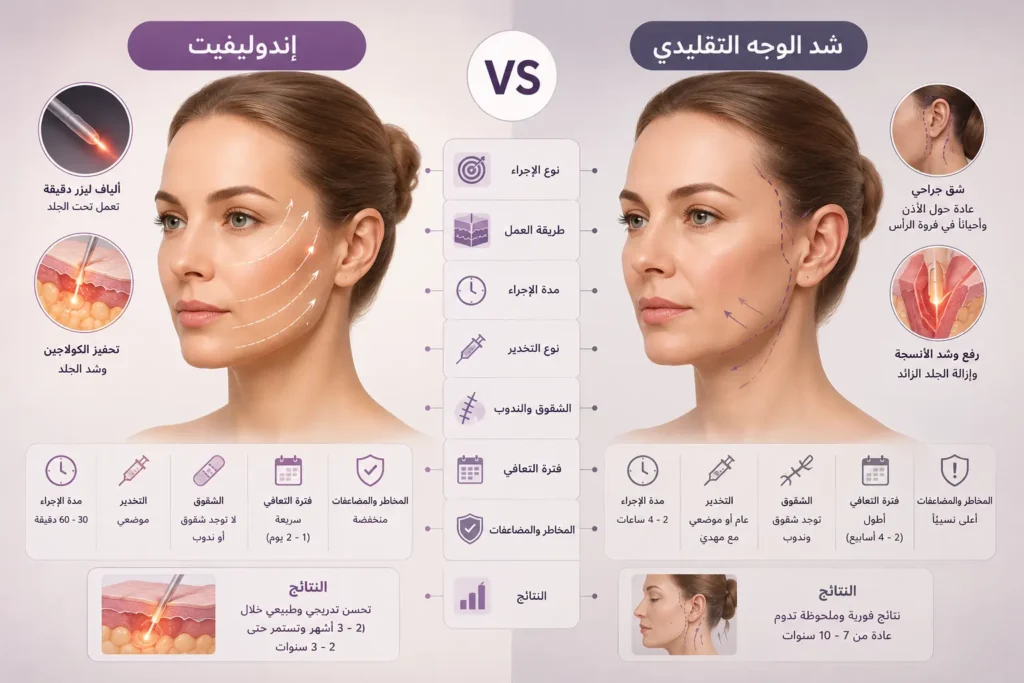 رسم توضيحي طبي يقارن بين تقنية الإندوليفت وشد الوجه التقليدي، ويُظهر رسوماً لملامح الوجه مع تمثيل لألياف الليزر في الإندوليفت وخطوط شد الوجه الجراحية، إلى جانب أيقونات توضح الاختلاف في الإجراء وفترة التعافي والنتائج، في تصميم طبي تعليمي دون وجود نصوص داخل الصورة.