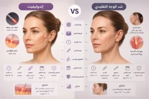رسم توضيحي طبي يقارن بين تقنية الإندوليفت وشد الوجه التقليدي، ويُظهر رسوماً لملامح الوجه مع تمثيل لألياف الليزر في الإندوليفت وخطوط شد الوجه الجراحية، إلى جانب أيقونات توضح الاختلاف في الإجراء وفترة التعافي والنتائج، في تصميم طبي تعليمي دون وجود نصوص داخل الصورة.
