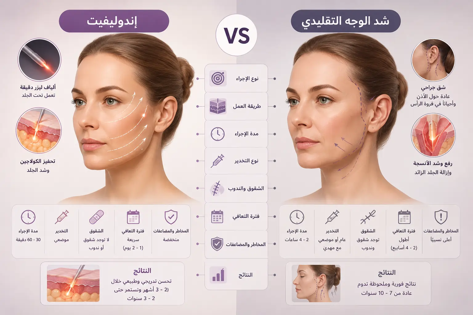 رسم توضيحي طبي يقارن بين تقنية الإندوليفت وشد الوجه التقليدي، ويُظهر رسوماً لملامح الوجه مع تمثيل لألياف الليزر في الإندوليفت وخطوط شد الوجه الجراحية، إلى جانب أيقونات توضح الاختلاف في الإجراء وفترة التعافي والنتائج، في تصميم طبي تعليمي دون وجود نصوص داخل الصورة.
