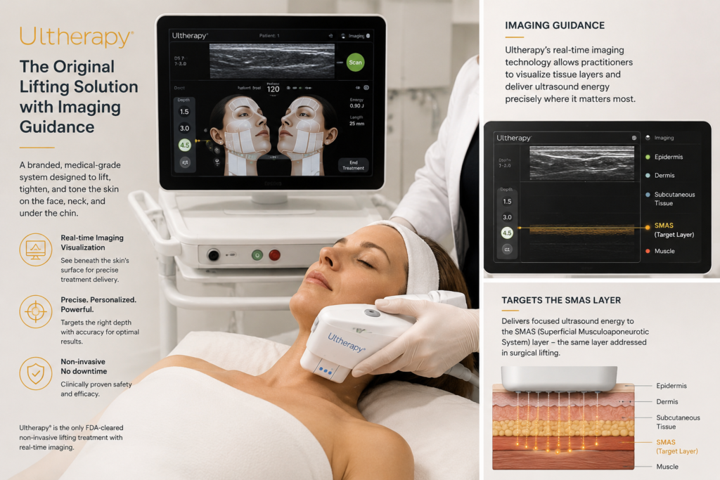Ultherapy is a branded medical-grade system with imaging guidance.