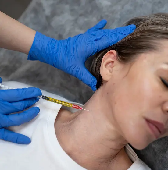 Patient receiving a clinical scalp treatment for hair regeneration.